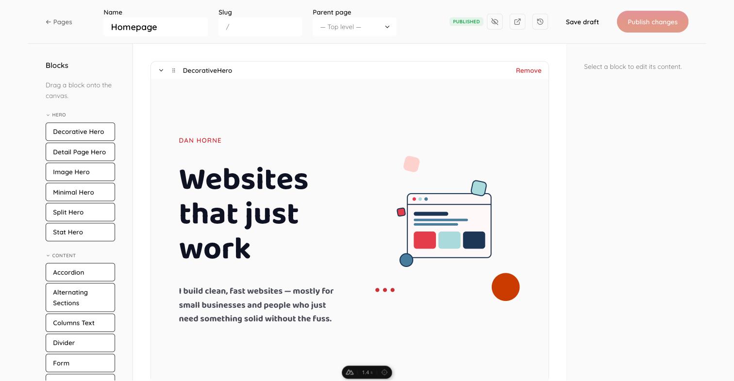 Screenshot of the self-hosted drag-and-drop CMS admin editor